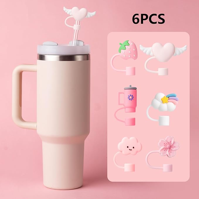 6Pcs Pink Cue Straw Cover Cap for Stanley Cup 40 30oz Tumbler, 10mm Reusable Cute Drinking Straw Topper Accessories, Portable Protector Plugs Decorations Gifts for Party