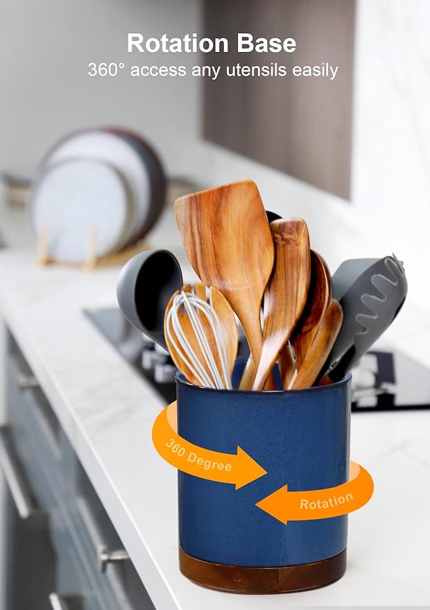 Nucookery 360°Rotating Utensil Holder, 7.2" Kitchen Utensil Crock, Ceramic Cooking Utensil Organizer with Countertop-Protection Cork Bottom for Farmhouse Kitchen Decor Christmas (Royal blue)