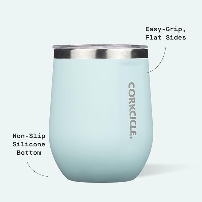 Corkcicle Stemless Wine Tumbler - Keeps Drinks Cold for 6 Hours - Triple-Insulated Stainless Steel - Non-Slip Base - Summer Drinkware Gift - Keeps Drinks Ice Cold - 12 oz - Gloss Powder Blue