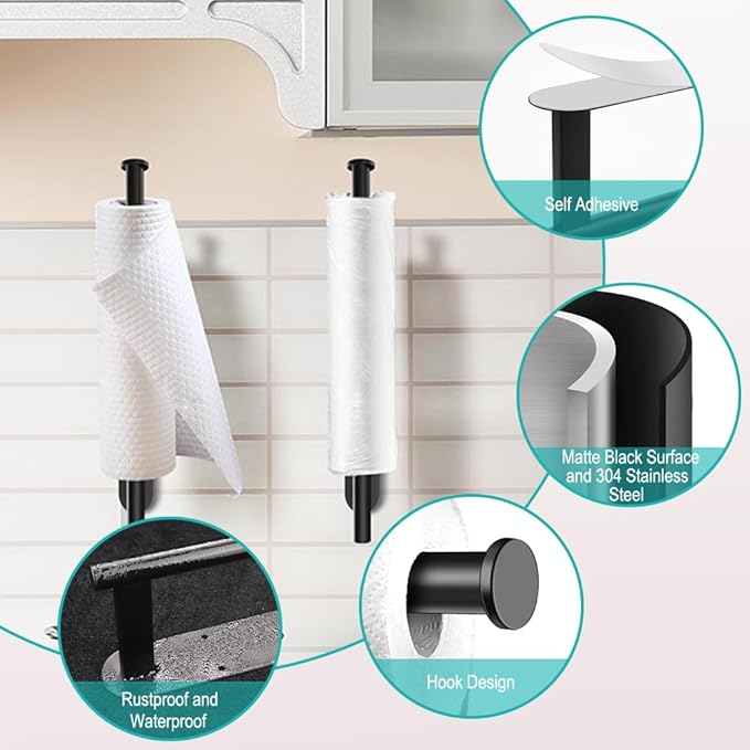 MGahyi Paper Towel Holder Wall Mount, Self Adhesive Or Drilling Under Cabinet Kitchen, 13.2 inch Stainless Steel Paper Towel Roll Rack, Towel Roll Hanger for Bathroom (Black, 2*Rectangle)
