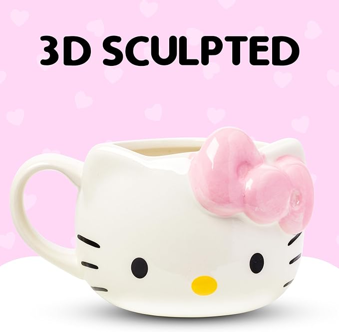 Silver Buffalo Sanrio Hello Kitty Pink Bow Ceramic 3D Sculpted Mug, 20 Ounces