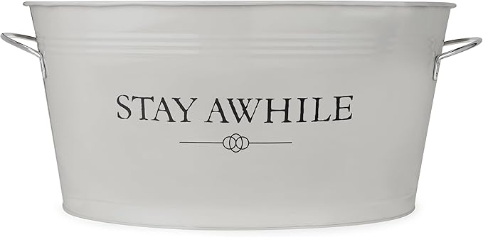 Twine Stay Awhile White Painted Galvanized Ice Bucket & Metal Tub - Beverage Ice Barrel Tub for Parties in 6.3-Gallon Capacity