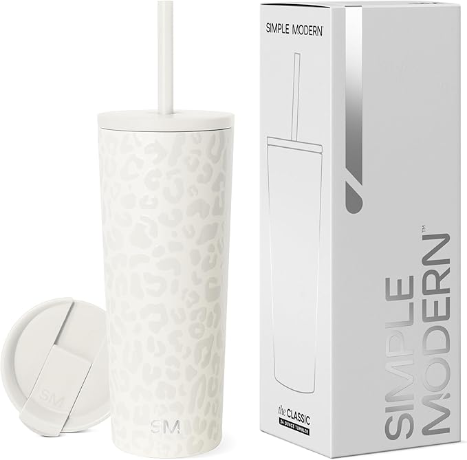 Simple Modern Insulated Tumbler with Lid and Straw | Iced Coffee Cup Reusable Stainless Steel Water Bottle Travel Mug | Gifts for Women Men Her Him | Classic Collection | 24oz | Cream Leopard