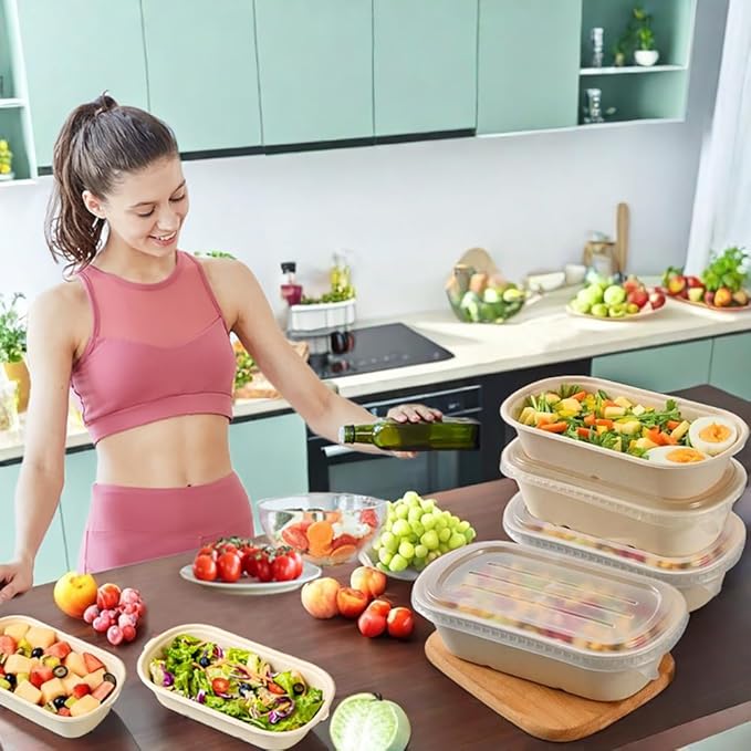 Aksipo 50 Pack 29 Oz Disposable Meal Prep Containers with Lids, Rectangle Paper Bowls with Lids for Salad,Leftovers, Leak-proof To Go Box Cardboard Lunch Box Compostable Take Out Food Containers