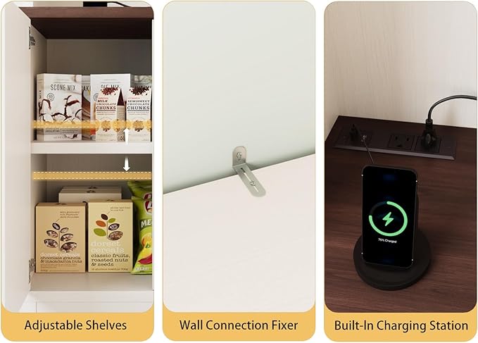 71" Antique White Pantry Cabinet with Charging Station, 4-Type Storage & Anti-Tip Design, Farmhouse Kitchen Cabinet with Adjustable Shelves