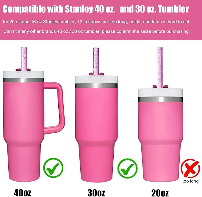 ALINK 10 Pack Pink Replacement Straws for Stanley 40 oz 30 oz Tumbler, 12 in Long Reusable Plastic Glitter Straws for Stanley Cup Accessories, Half Gallon Jug, Plus 2 Cleaning Brush