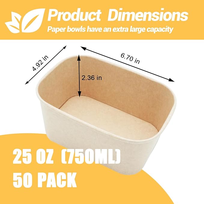 50 Pack 25 OZ Large Paper Bowls with Lids, Heavy Duty Disposable Compostable Container for Party, Disposable Bowls Bulk Soak-Proof and Microwave Safe for Hot/Cold Use