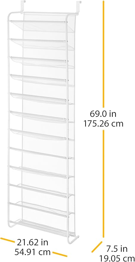 Whitmor 36 Pair Over the Door Shoe Organizer, 12 Tier Hanging Shoe Organizer, Heavy Duty Metal & Mesh Shoe Holder, Hanging Shoe Rack for Closet Organizer & Storage, 69"L x 21.7"W x 7.5"H, White
