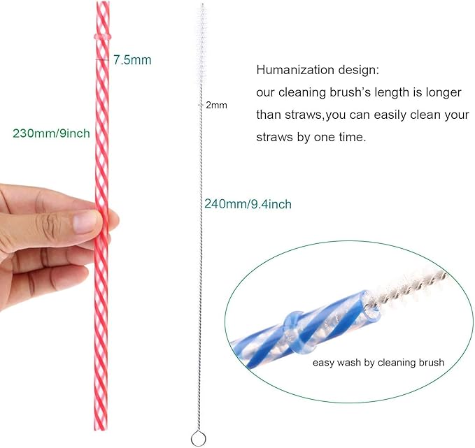 Dakoufish 12 Piece 9 Inch Reusable Plastic Thick Drinking Straws BPA Free Mason Jar Straws Transparent Small Stripe (9inch, Mix 12color)