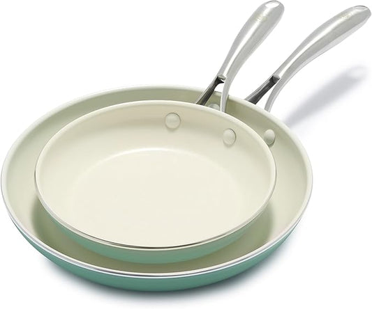 GreenLife Artisan Healthy Ceramic Nonstick, 8" and 10" Frying Pan Skillet Set, Stainless Steel Handle, Induction, PFAS-Free, Dishwasher Safe, Oven Safe, Turquoise