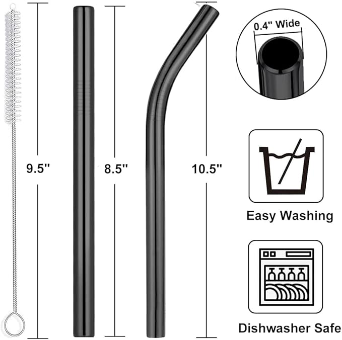 Vinaco Reusable Smoothie Straws & Milkshake Straws 0.4" Wide Mouth Straw, Set of 6 Stainless Steel Straws 8.5"&10.5" with 1 Long Straw Cleaner Brush，Black Metal Straws for Jumbo Thicker Drinks