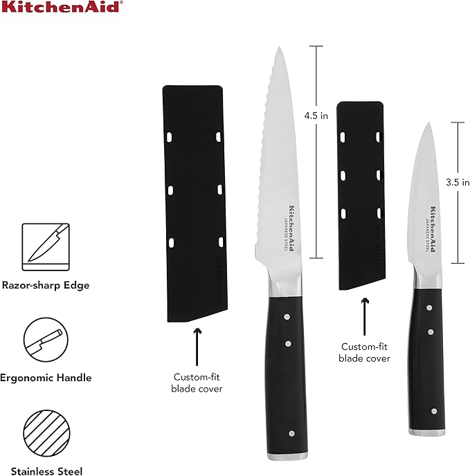 KitchenAid Gourmet 2 Piece Forged Triple Rivet Knife Set, 4.5 inch Fine Edge Utility Knife and 3.5 inch Paring Knife Set, Sharp Kitchen Knives, High Carbon Japanese Stainless Steel, Black