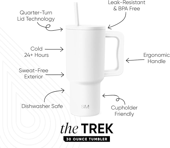 Simple Modern 30 oz Trek Tumbler with Handle and Straw Lid | Cup Holder Friendly Insulated Stainless Steel Travel Mug | Winter White (Pack of 12)