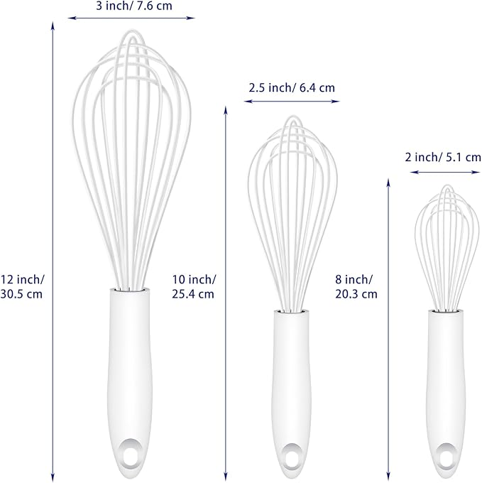White Silicone Whisk, Sealed Waterproof Design Set of 3, Professional Kitchen Whisks for Cooking Non-Scratch, Silicone&Stainless Steel Whisk, Heat Resistant 480°F Rubber wisk, BPA free