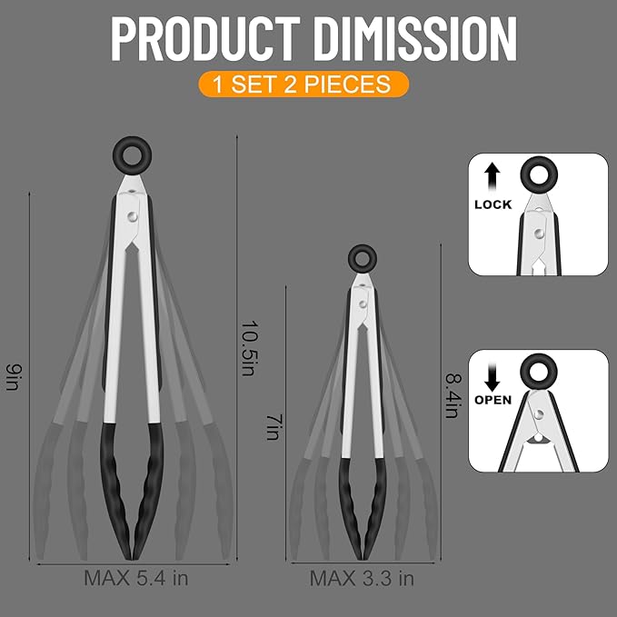 HOTEC Premium 7 & 9 Inch Kitchen Tongs, Stainless Steel Locking Cooking Tongs with Silicone Tips, Non-Scratch & Heat Resistant, Serving Tongs for Salad, BBQ, Black, Set of 2