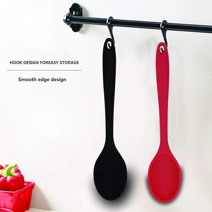 2 Pcs Silicone Spoons for Cooking Heat Resistant, Hygienic Design Cooking Utensi Mixing Spoons for Kitchen Cooking Baking Stirring Mixing Tools (Black and Red)