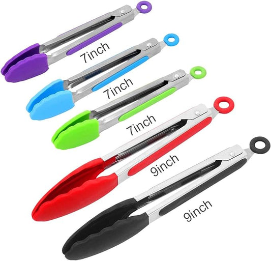 Kitchen Tongs with Silicone Tips - ForTomorrow Set of 5, 7 9 Inch Premium Silicone Tipped Tongs for Cooking Heat Resistant, Serving Food, BBQ