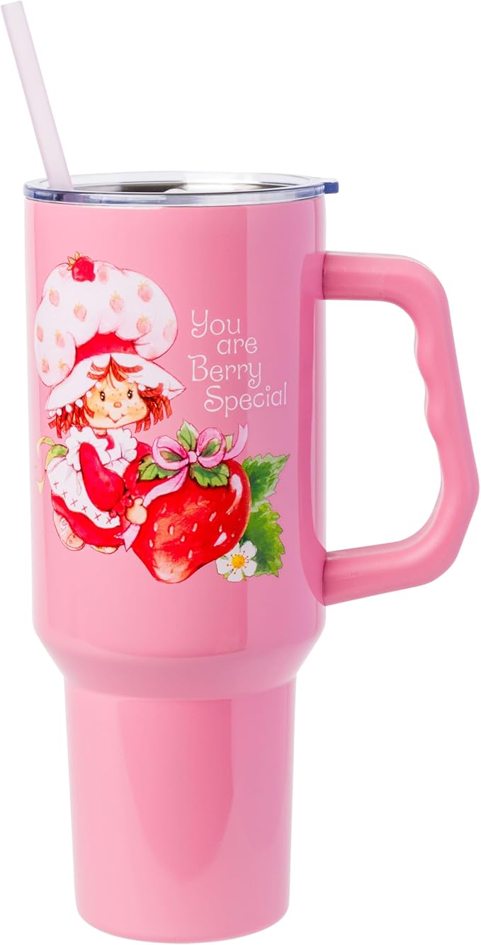 Silver Buffalo Strawberry Shortcake You Are Berry Special Vintage Berry Pink Stainless Steel Tumbler with Handle and Straw, Fits in Standard Cup Holder, 40 Ounces