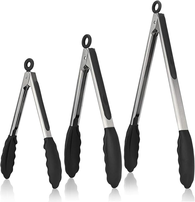 Kitchen Tongs, U-Taste 7/9/12 inches Cooking Tongs, with 600ºF High Heat-Resistant Non-Stick Silicone Tips, 18/8 Stainless Steel Handle, for Food Grill, Salad, BBQ, Frying, Serving, Pack of 3(Black)