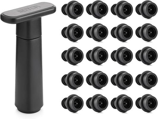 WOTOR Wine Saver Vacuum Pump with 20 Stoppers, Wine Stopper & Preserver, Reusable Bottle Sealer Keeps Fresh, Ideal Accessories Gift (Flat Handle)