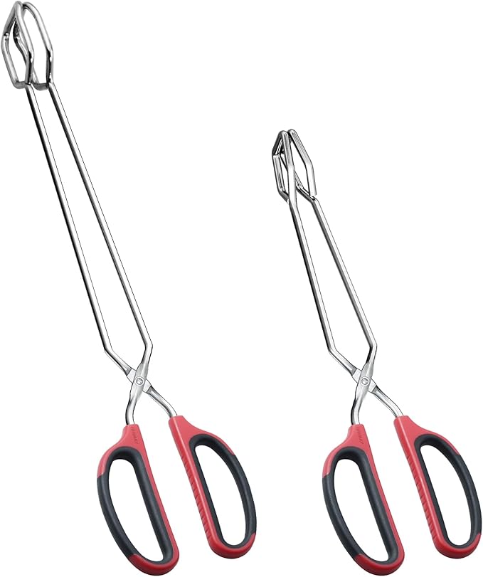 12" 16" Extra Long Stainless Steel Kitchen Tongs Set, Non-Slip Comfortable Red Grip, Scissor Design, Heat Resistant for Cooking Grilling and Serving