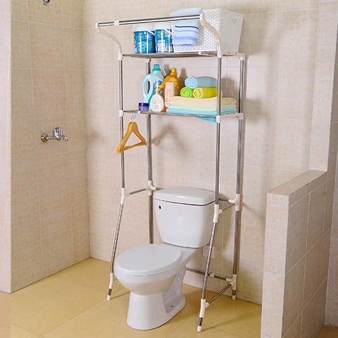 BAOYOUNI 2-Layer Over Washing Machine Storage Rack Utility Metal Bathroom Shelf 6-Hook Space Saver Width Adjustable Organization for Laundry Room Toilet (62-101cm, Ivory)