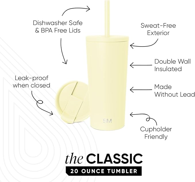 Simple Modern Insulated Tumbler with Lid and Straw | Iced Coffee Cup Reusable Stainless Steel Water Bottle Travel Mug | Gifts for Women Men Her Him | Classic Collection | 20oz | Buttercup