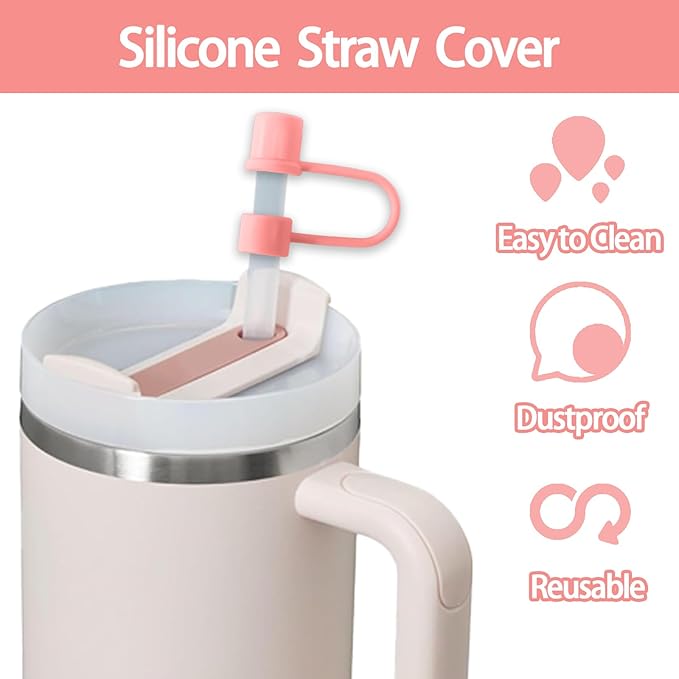 6PCS Silicone Straw Covers Cap Compatible with Stanley Cup 30-40 oz Tumbler with Handle 10mm Straw Toppers Reusable Straw Cover for Stanley Cup Accessories （Pink）