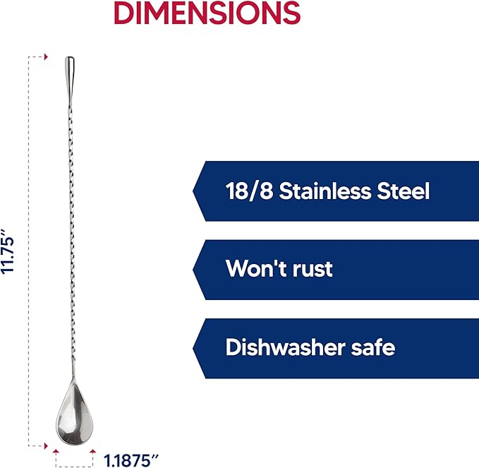 HIC Kitchen Bar Cocktail Mixing Spoon, 18/8 Stainless Steel, 12-Inches
