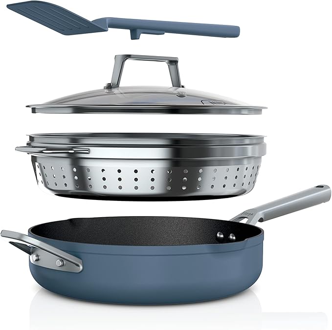 Ninja, Cookware, Steamer, Strainer Basket, Glass Lid and Spatula, Foodi NeverStick PossiblePan, Premium Set with 4-Quart Capacity Pan, Nonstick, Durable, Oven Safe Cookware, Cherry Tart, CW102BL