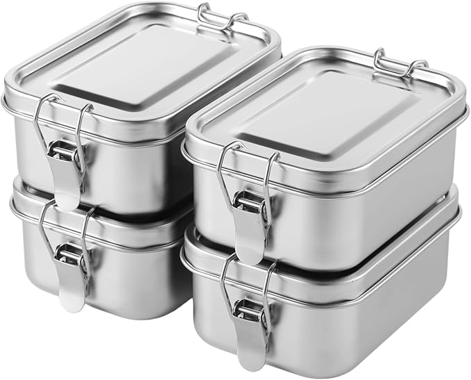 4 PCS Bento Boxes, 550 ML Stainless Steel Lunch Boxes, Food Storage Containers, Portable Metal Lunch Containers, Lockable Clips to Leak Proof, Reusable Dishwasher Safe Lunch Snack Boxes