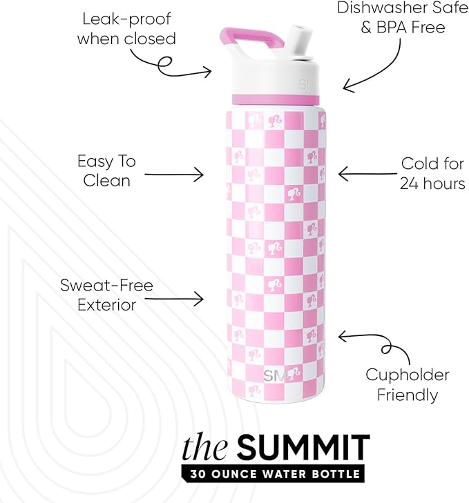 Simple Modern Summit Water Bottle with Straw Lid | Barbie 30oz Leak Proof Stainless Steel Insulated Cup | Gifts for Her | Barbie Checkmate