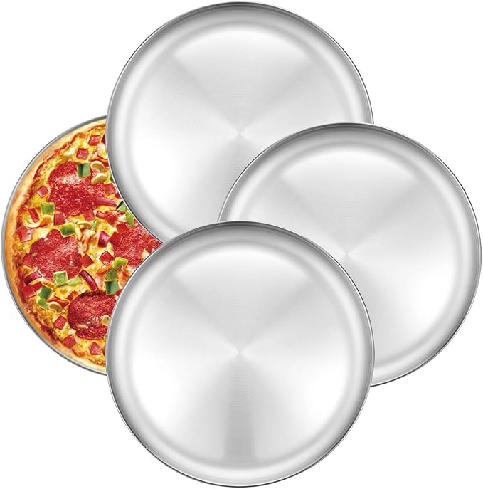Deedro Pizza Pan 12 Inch Stainless Steel Round Baking Sheet - Oven Tray Crisper for Healthy Cooking, 4 Pack