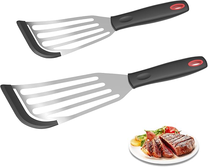 2Pack Silicone Fish Spatulas for Nonstick Cookware,Fish Turner Spatula Stainless Steel with Heat Resistant Silicone Edge,Metal Slotted Spatula for Flipping Fish Egg Patties Fries Pancake Steak (Black)
