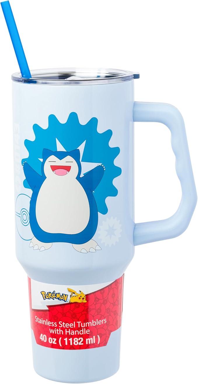 Silver Buffalo Pokémon Stainless Steel Tumbler with Handle Featuring Snorlax, Fits in Standard Cup Holder, 40 Ounces