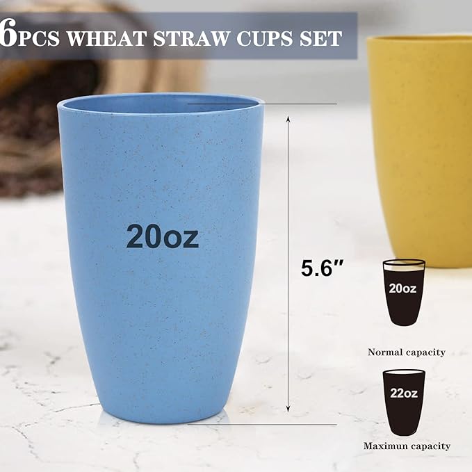 Homienly Wheat Straw Cups - Set of 6 Unbreakable Drinking Cups - 20 oz Reusable Dishwasher Safe Water Glasses - Kitchen Tumblers