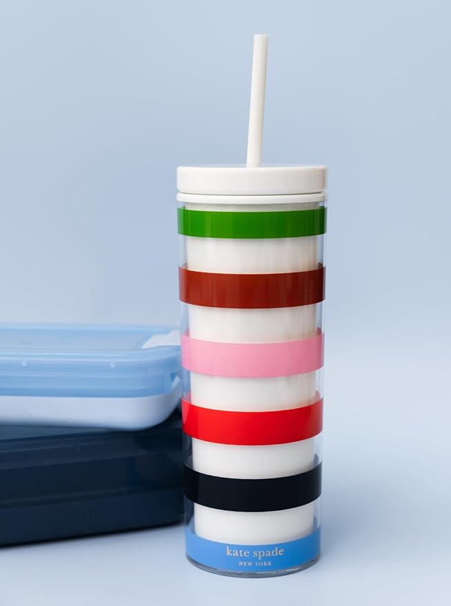 kate spade new york Acrylic Tumbler with Lid and Straw, 24 oz Tumbler, Slim Double Wall Tumbler, Adventure Stripe