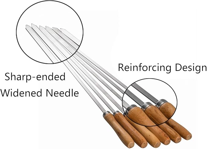IMEEA Flat Skewers for Kabobs Stainless Steel Kebab Skewers for Grilling 16.5 Inch Barbecue Skewers with Nonslip Wooden Handle, Set of 12