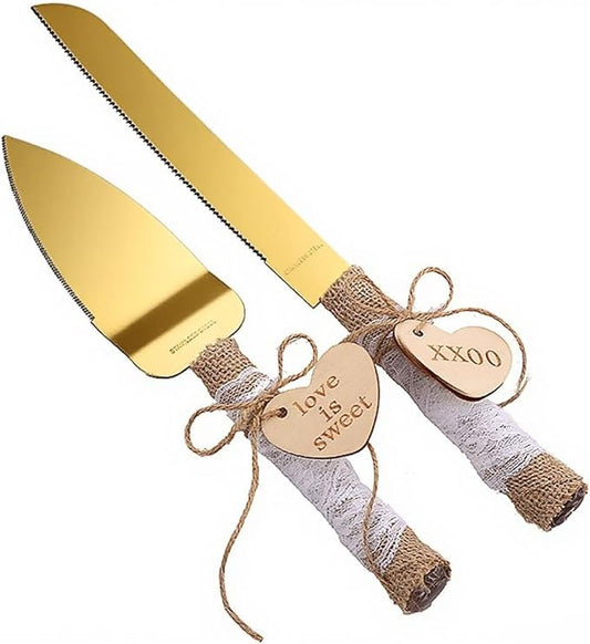 TANG SONG Rustic Style Stainless Steel Wedding Cake Knife and Serving Set Resin Plastic Handle with Twine Heart Love Wood Tag and Burlap Lace Design（Gold）