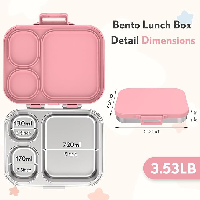 Stainless Steel Bento Box Kids, Leak Proof Metal Bento Lunch Box,3 Compartments 304 Stainless Steel Bento Lunch Containers for School and Office, BPA-Free(Pink)