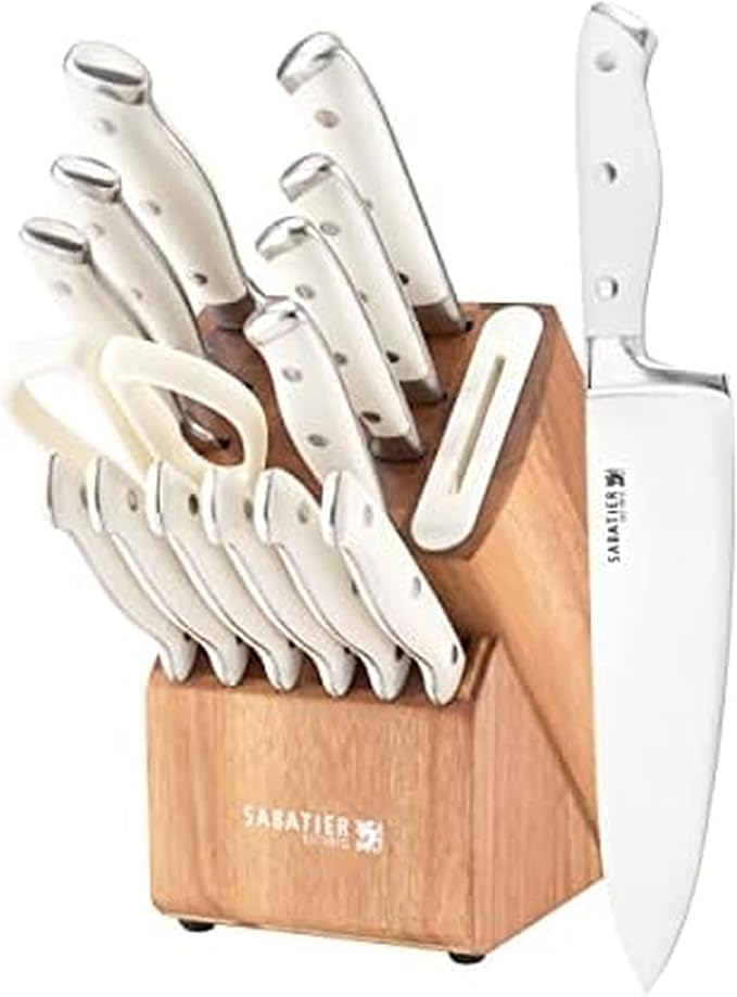Sabatier 15-Piece Forged Triple Rivet Knife Block Set with Built-in Sharpener, High-Carbon Stainless Steel Kitchen Knives, Razor-Sharp Knife set with Acacia Block and Edgekeeper Technology, White