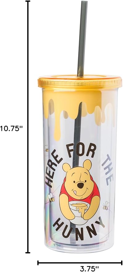 Silver Buffalo Winnie the Pooh Here for Hunny Plastic Tall Cold Cup with Lid and Straw, 20 Ounces