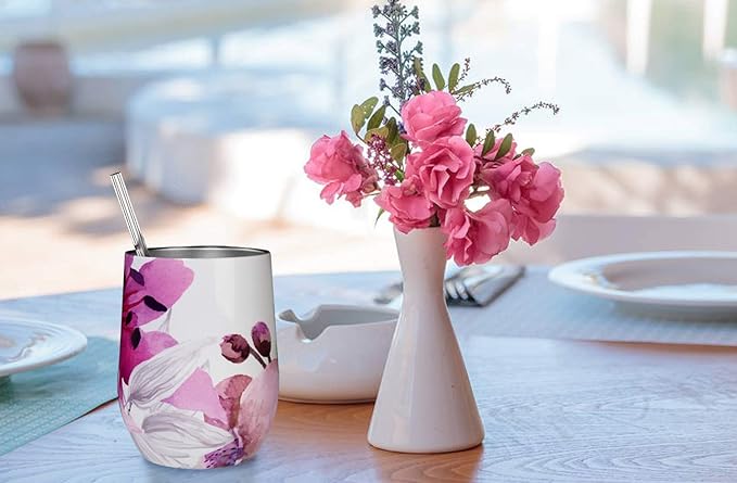 THILY Stainless Steel Insulated Wine Tumbler Stemless Wine Glass with Lid and Straw, Splash-proof, Cute Travel Cup for Coffee, Cocktails, Gifts for Women, Her, Wife, Lotus Flower