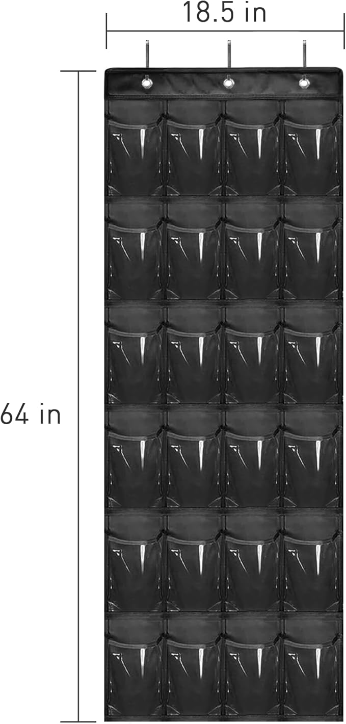 Over The Door Shoe Organizer - Space Saving Shoe Rack for Closet Door with 24 Pockets and Hook, Shoe Holder Back of Door Organizers for Shoes, Hanging Shoe Organizer (Black)