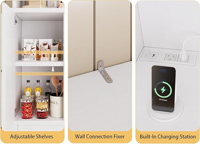 71" Farmhouse White Pantry Cabinet with Charging Station, 4-Type Storage & Anti-Tip Design, Kitchen Cabinet with Adjustable Shelves