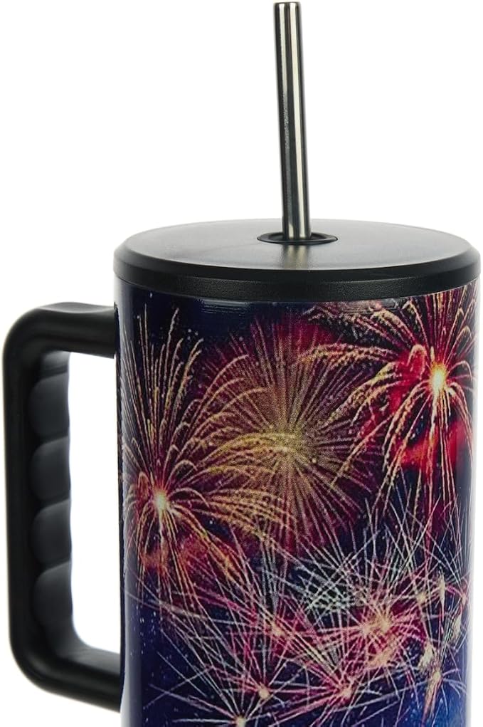 Bioworld Americana 40 Oz. Vacuum Insulated Stainless Steel Tumbler with Leak-Proof Lid & Handle, Patriotic Fireworks & American Flag Design for 4th of July or Everyday Travel