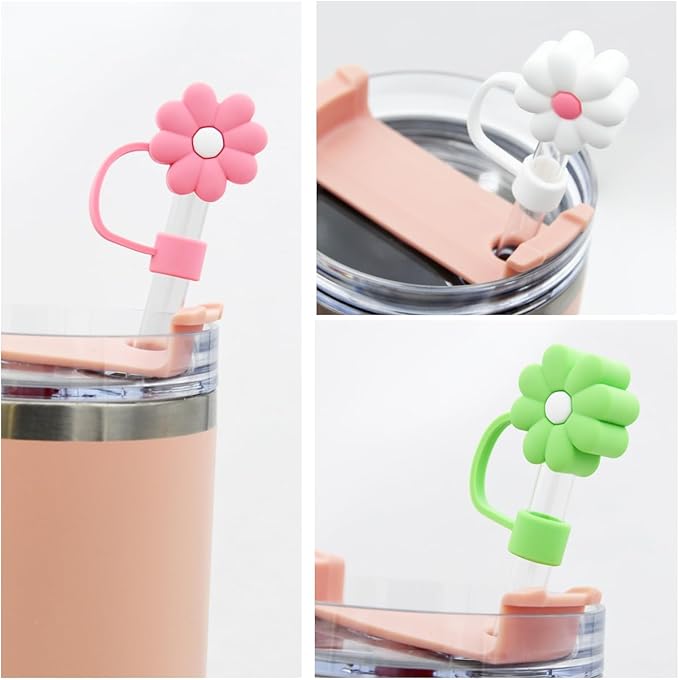 Flower Straw Cover Cap for Stanley Cup Silicone Straw Topper Compatible with 30 and 40 Oz Tumbler with Handle,Straw Tip Covers 10 mm 0.4 in for Straw Tip Covers (5Pcs-Flower-StrawCover)