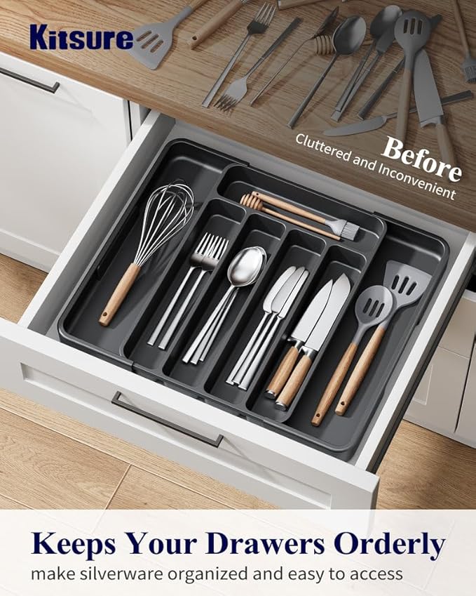 Kitsure Cutlery Drawer Organiser for Kitchen - Adjustable Cutlery Tray for Effortless Utensil Sorting, Versatile Kitchen Storage & Organisation Solution, 12.13" x 1.54" x 8.07"~13.90", Black