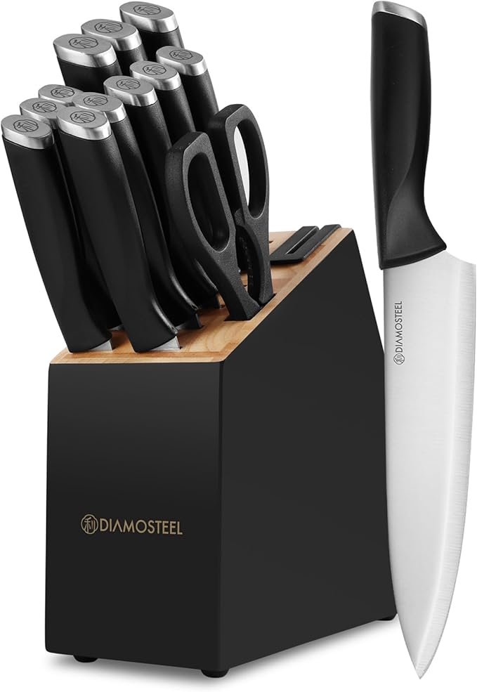Black Knife Set, 13 Pieces Knife Block Set with Built-in Sharpener Scissors for Kitchen Meat & Vegetable Cutting, Dishwasher Safe Knives Set Present for Family & Restaurant