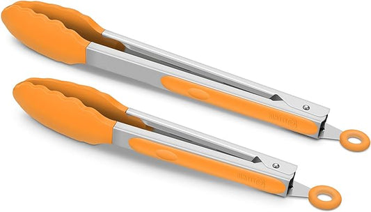 9-Inch & 12-Inch Premium Stainless Steel Food Tongs, Orange Silicone BPA Free Non-Stick BBQ Cooking Grilling Locking Kitchen Tong